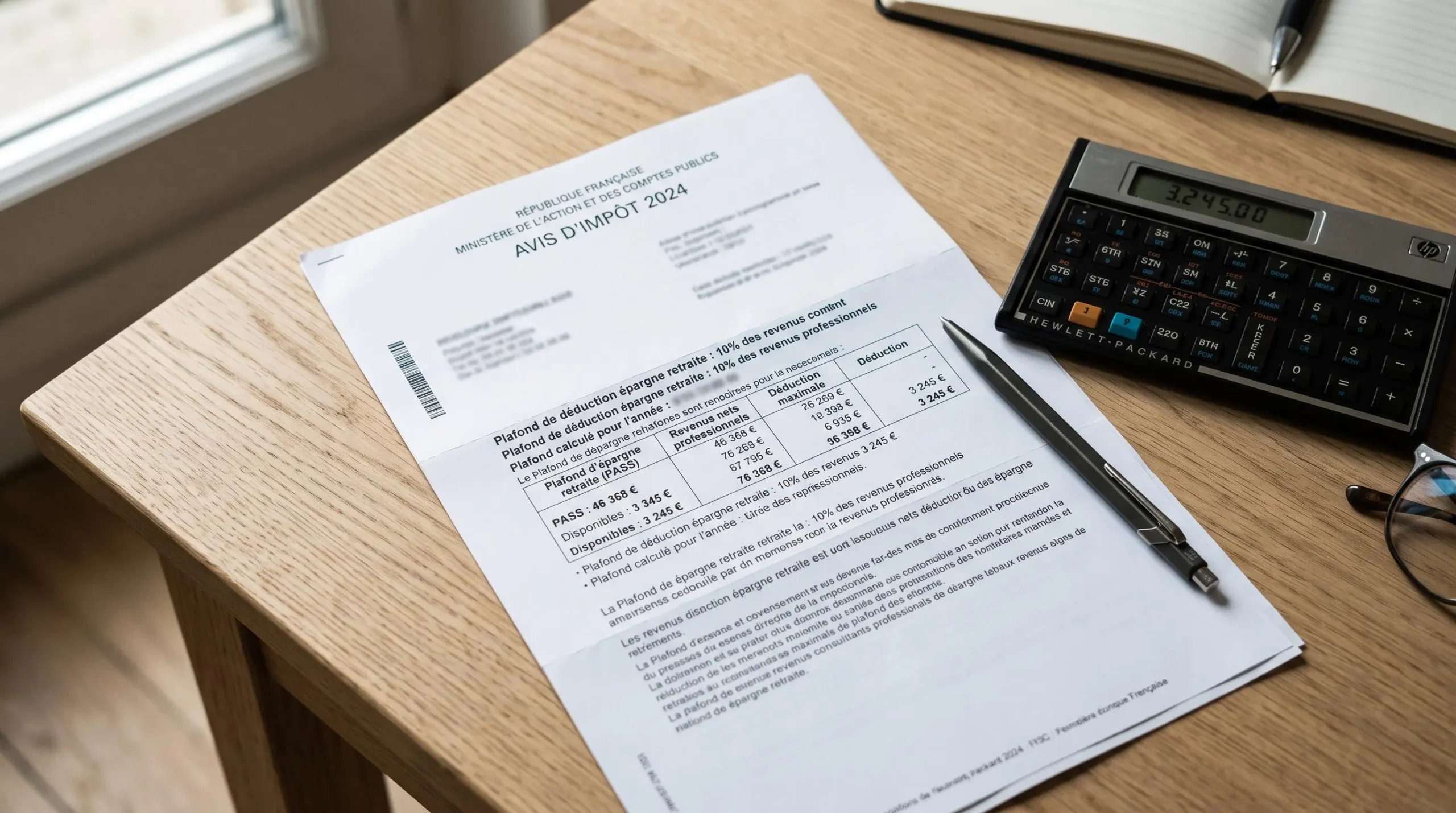 Avis d'imposition français ouvert montrant la section plafond épargne retraite avec calculatrice sur bureau