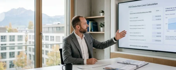 Conseiller financier consultant une interface numérique affichant le calcul du plafond de déduction PER dans un bureau contemporain