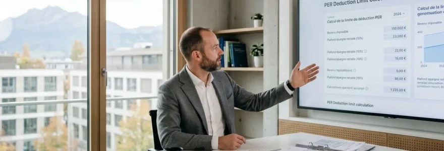 Conseiller financier consultant une interface numérique affichant le calcul du plafond de déduction PER dans un bureau contemporain