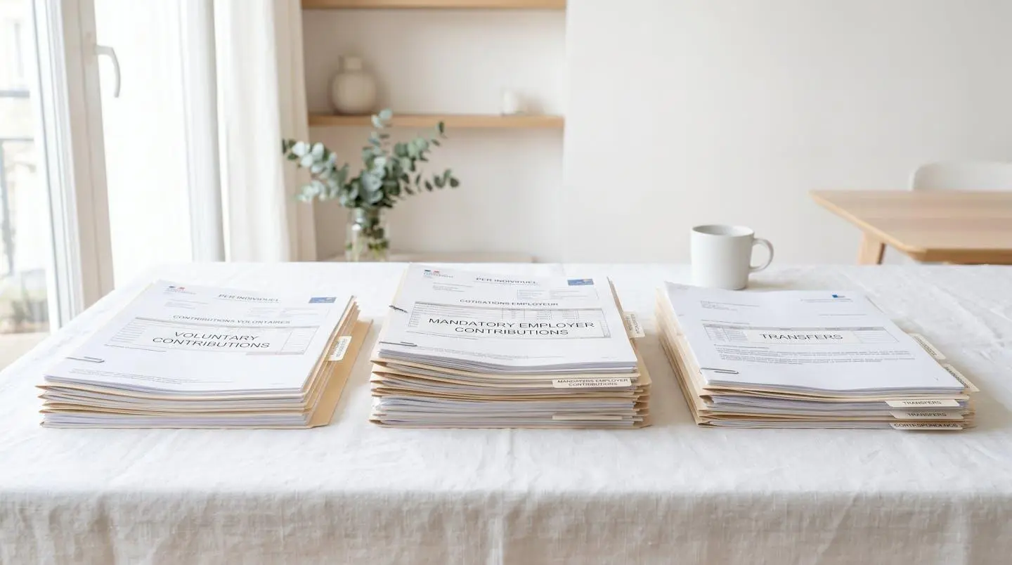 Documents de versements PER classés en trois catégories distinctes sur une surface blanche