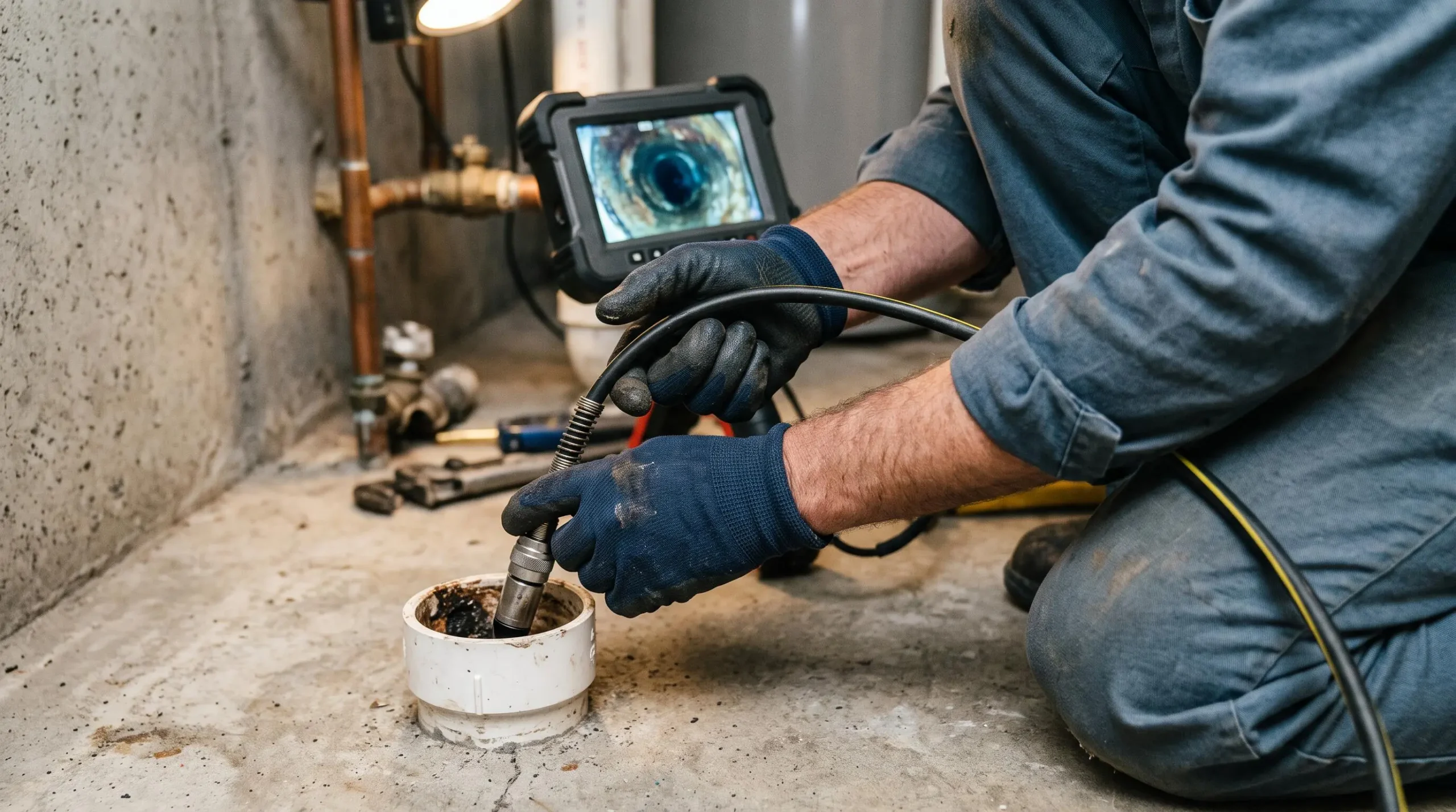 Gros plan sur les mains d'un plombier utilisant une caméra d'inspection professionnelle dans un drain résidentiel