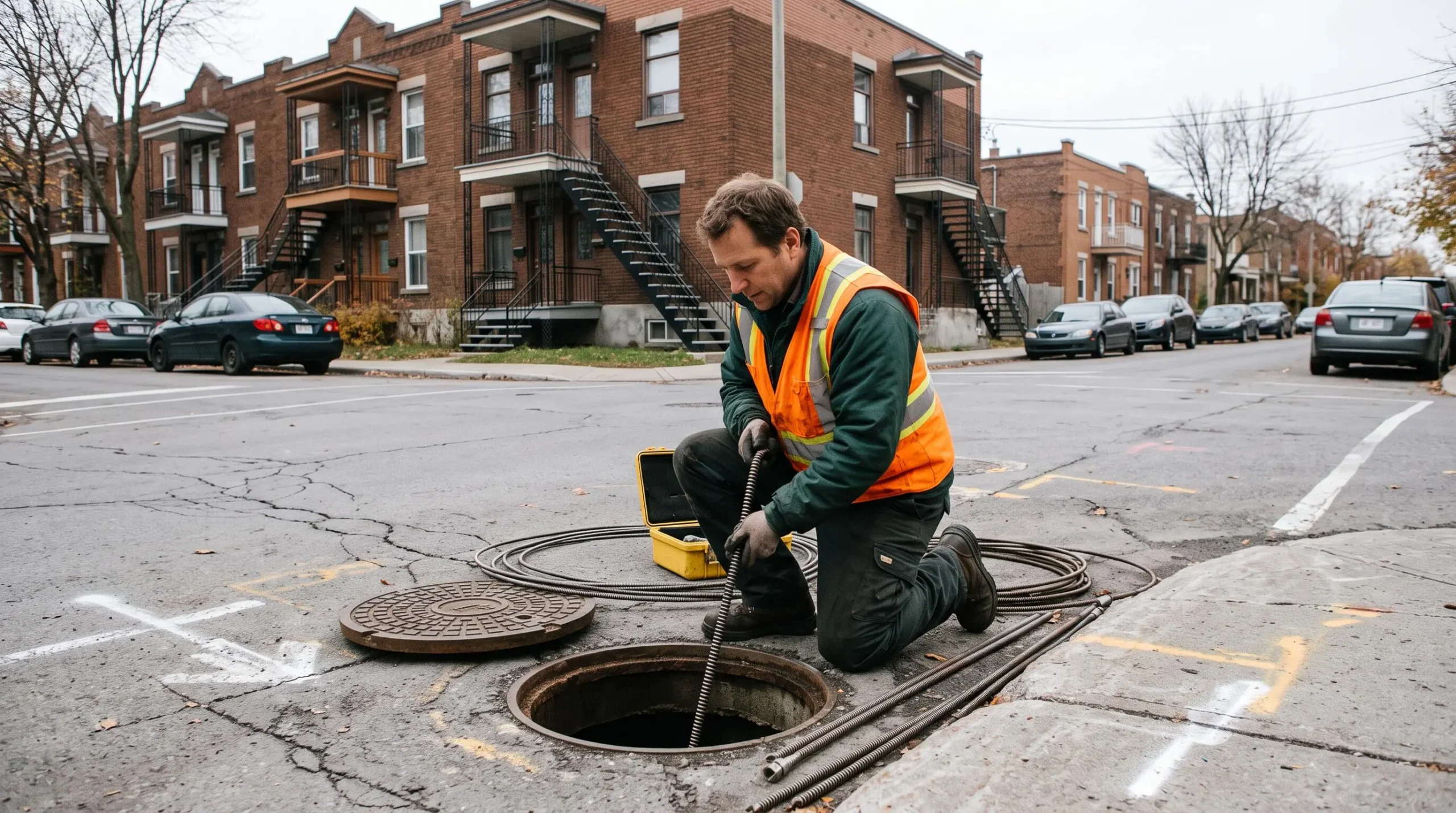 Plombier intervenant sur un accès au drain principal dans une rue résidentielle typique de Montréal