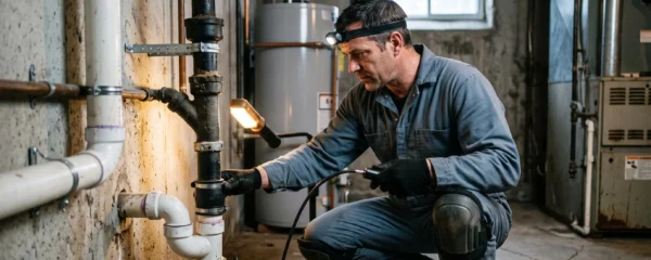 Plombier professionnel inspectant un raccordement de drain principal dans un sous-sol résidentiel montréalais