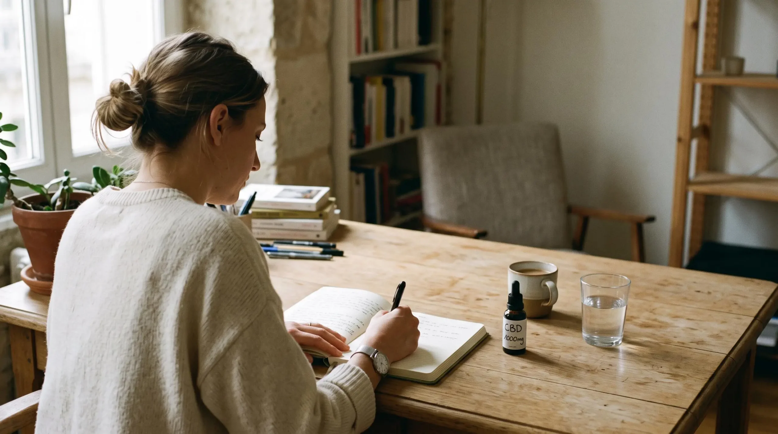 Une femme note ses observations dans un carnet posé sur son bureau lumineux.