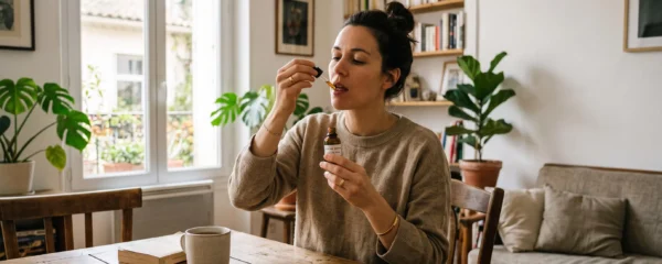 Une femme prend quelques gouttes d'huile de CBD à la goutte dans son salon.