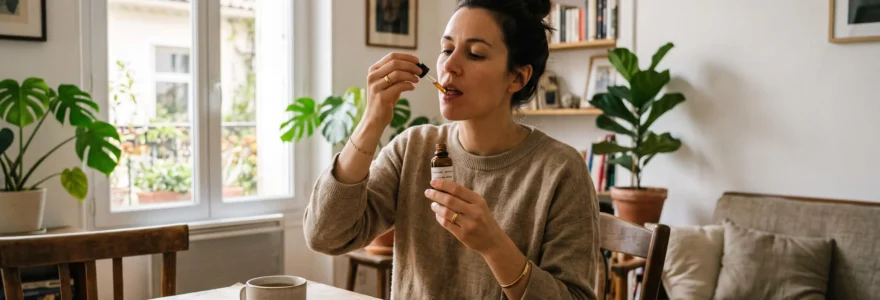 Une femme prend quelques gouttes d'huile de CBD à la goutte dans son salon.